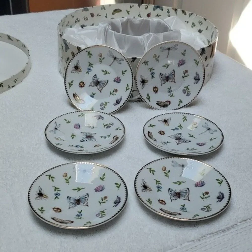 Porcelain Demitasse Teacups Saucers Butterflies (6) ITALIAN DESIGN CERAMICS vtg